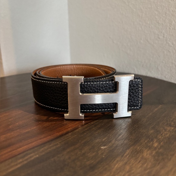 H belt buckle & Reversible leather strap 32 mm - Picture 1 of 3